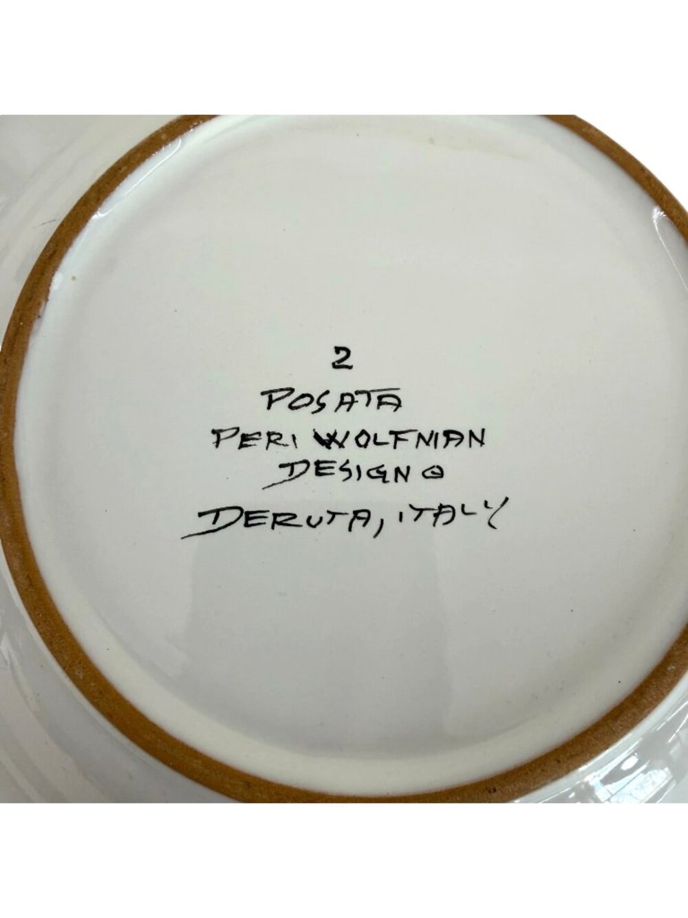 2 Peri Wolfman Posata Deruta Salad Soup Bowls Spoon Print Gold Rim Made In Italy - Picture 5 of 8